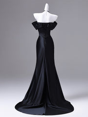 Black Satin Long Off Shoulder Mermaid Party Dress, Black Simple Evening Dress Formal Dress