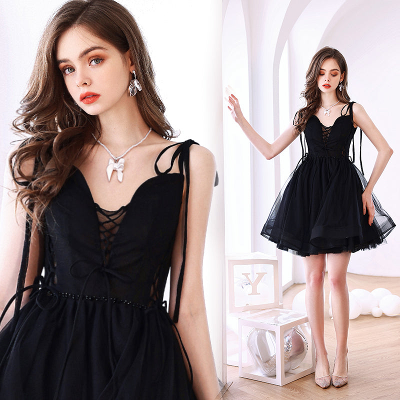 Black V-neckline Straps Short Party Dress, Black Tulle Homecoming Dress