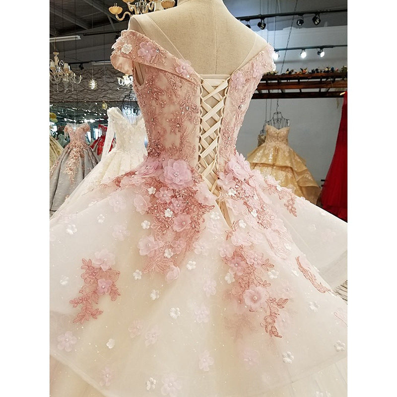Beautiful Pink Tulle with Flowers and Beaded Long Party Dress, Pink Sweet 16 Gown