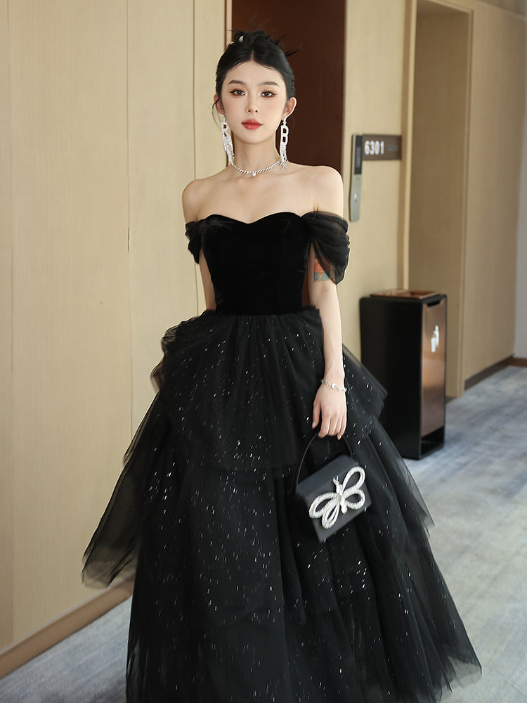 Black Off Shoulder Sweetheart Velvet and Tulle Prom Dress, Black Sweet 16 Dress
