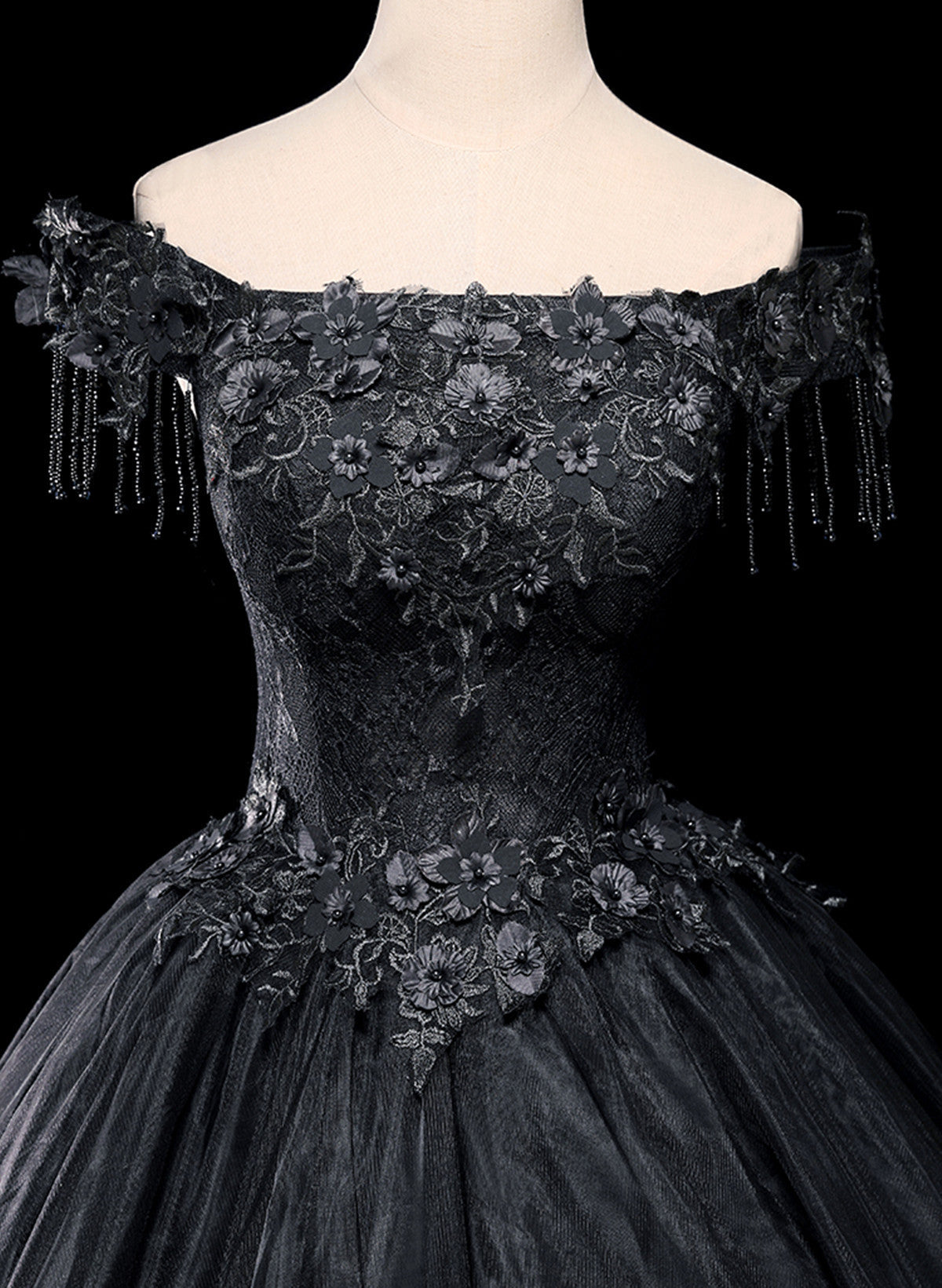 Black Tulle Off Shoulder with Lace Applique Party Dress, Black Tulle Long Sweet 16 Dress