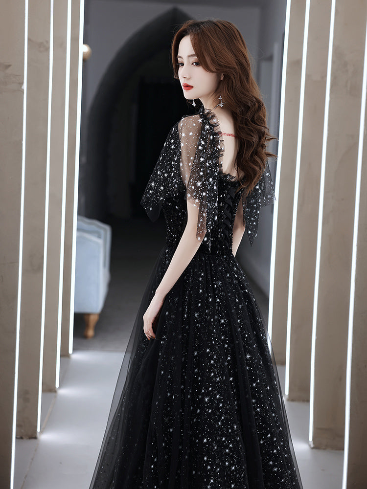 Black Off Shoulder Tulle Long Prom Dress, A-line Black Shiny Tulle Formal Dress