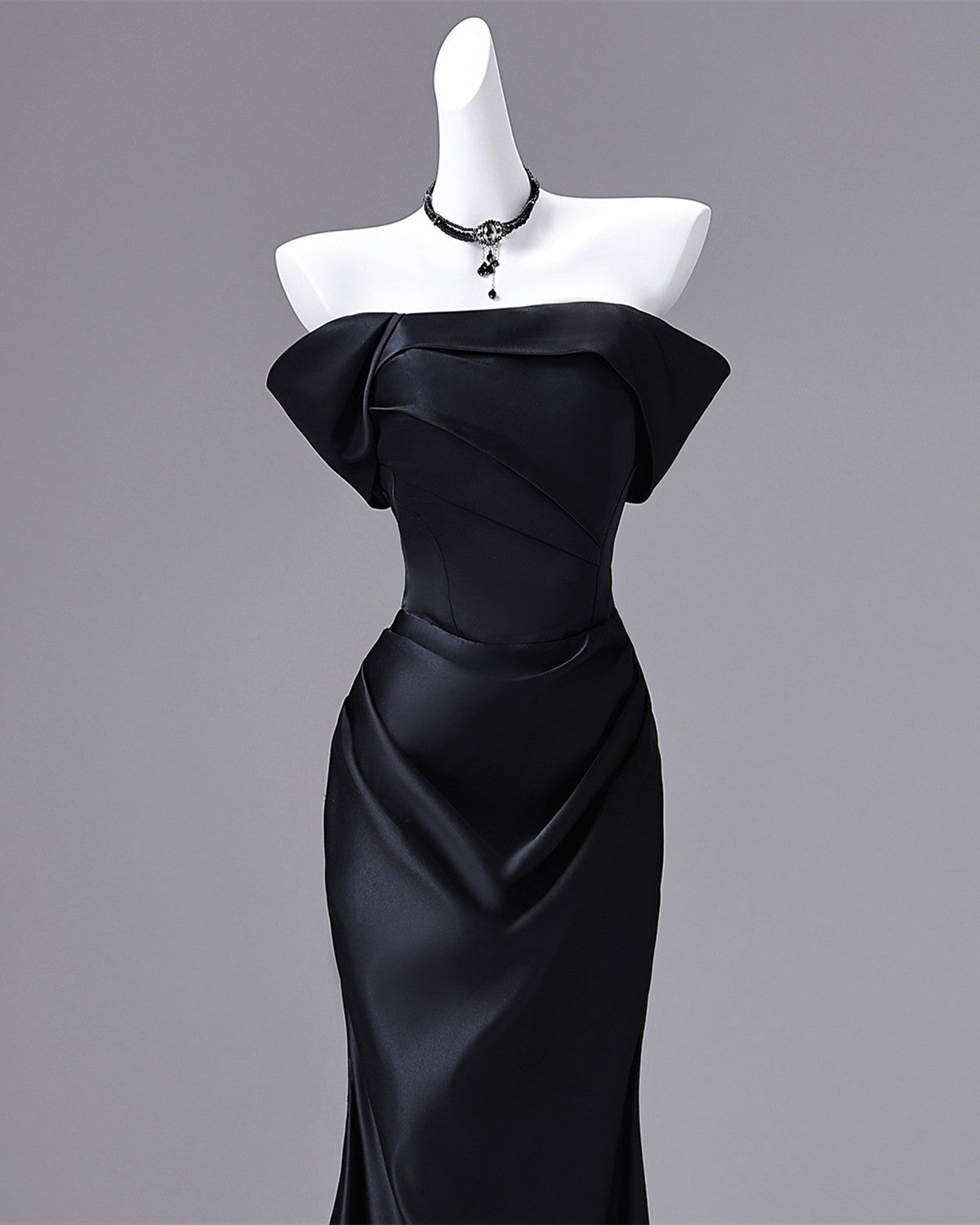 Black Satin Long Off Shoulder Mermaid Party Dress, Black Simple Evening Dress Formal Dress