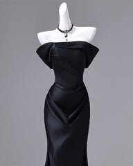 Black Satin Long Off Shoulder Mermaid Party Dress, Black Simple Evening Dress Formal Dress