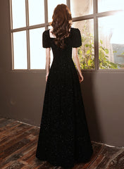 Black Short Sleeves A-line Velvet Long Prom Dress, Black Evening Dress Party Dress