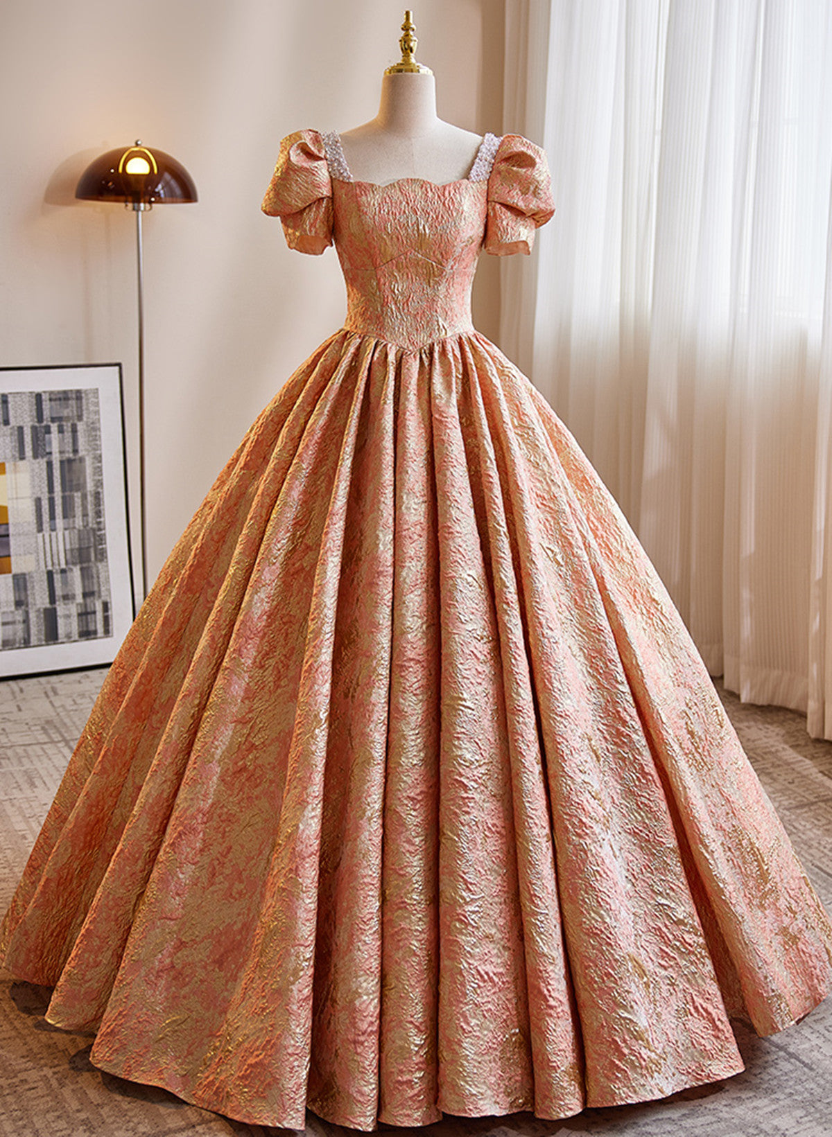 Beautiful Ball Gown Short Sleeves Long Party Dress, Long Sweet 16 Dress