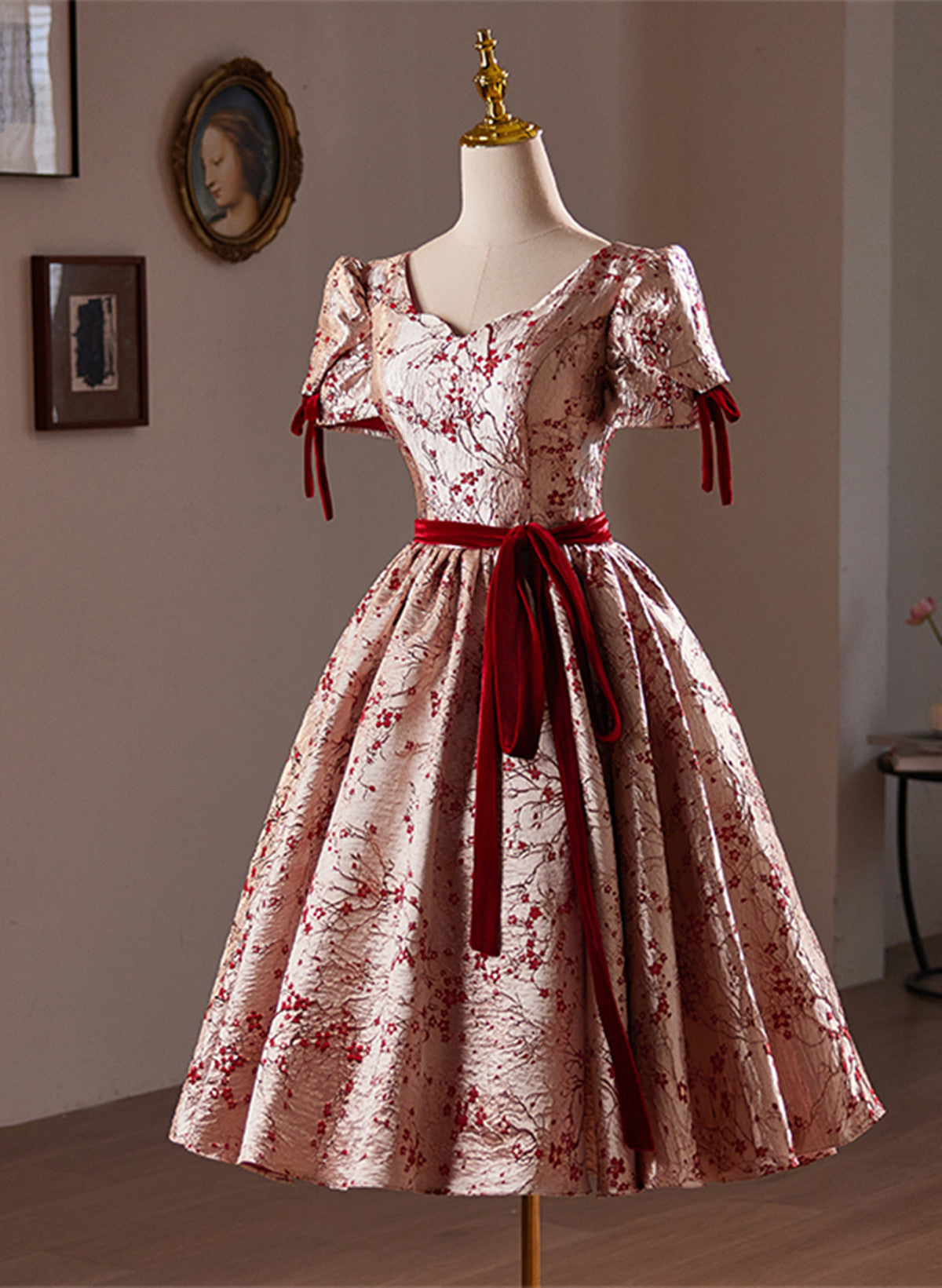 Beautiful Short Floral Satin Party Dress Homecoming Dress, Satin Evening Dress