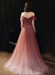 A-line Pink Gradient Tulle Long Beaded Formal Dress, Pink Tulle Prom Dress