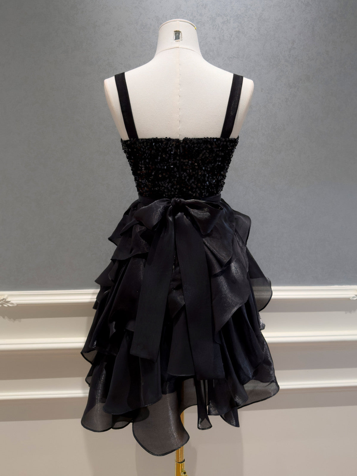 Black Sequins and Organza Tiered Ruffle Short Party Dress, Black Straps Knee Length Homecoming Dress