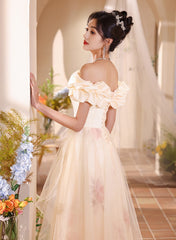 A-line Light Champagne Off Shoulder Prom Dress, Off Shoulder Evening Dress