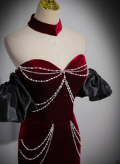 Beauiful Wine Red Off Shoulder Mermaid Long Prom Dress, Wine Red Party Dress