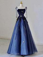 Blue A-line Velvet and Tulle Long Party Dress withEmbroidered Gold Star, Blue Long Formal Dress