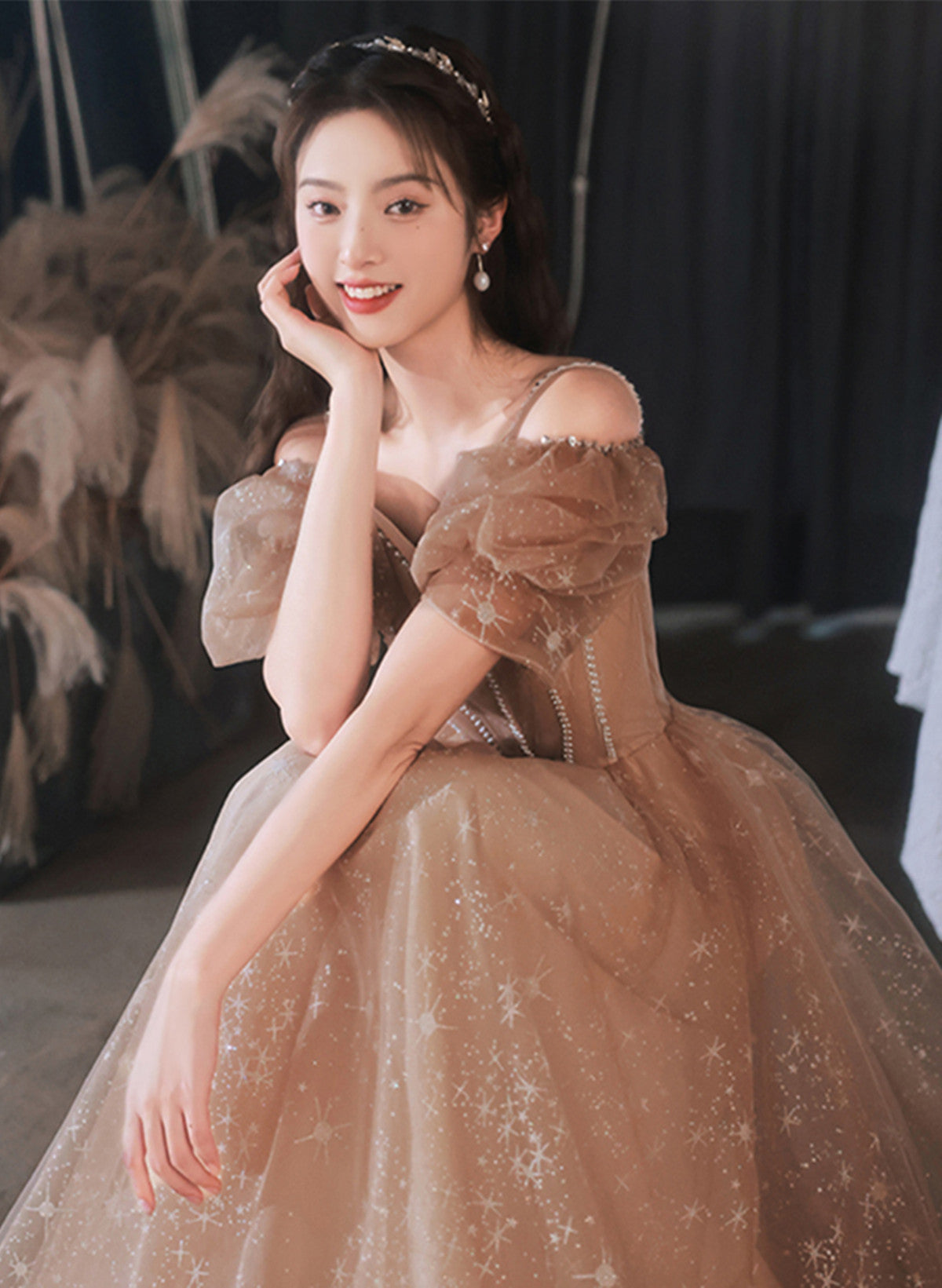 A-line Champagne Tulle Off Shoulder Long Party Dress, Champagne Formal Dress Prom Dress