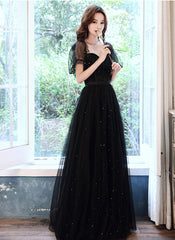 Black Off Shoulder Tulle Long Party Dress, Black A-line Long Prom Dress