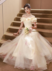 A-line Light Champagne Off Shoulder Prom Dress, Off Shoulder Evening Dress
