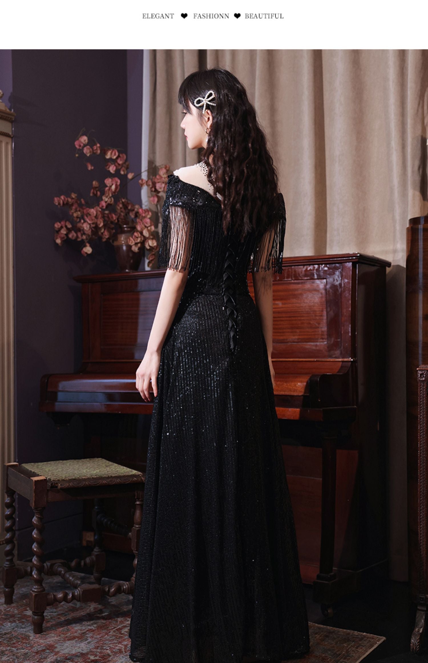 Black Sequins and Lace A-line Prom Dress, Black Formal Dress Party Dress