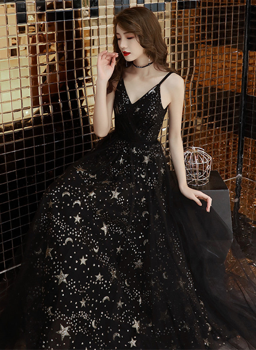 Black Straps V-neckline Long Party Dress, A-line Black Tulle Prom Dress