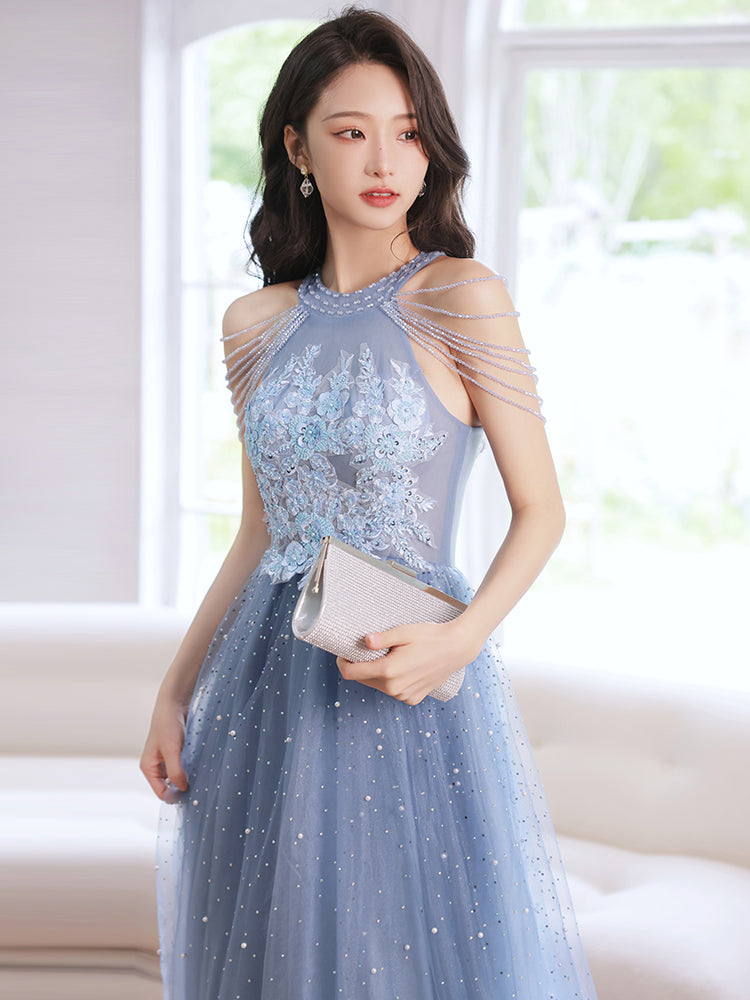 Blue Beaded and Lace Applique Long Party Dress, Blue Formal Dresses