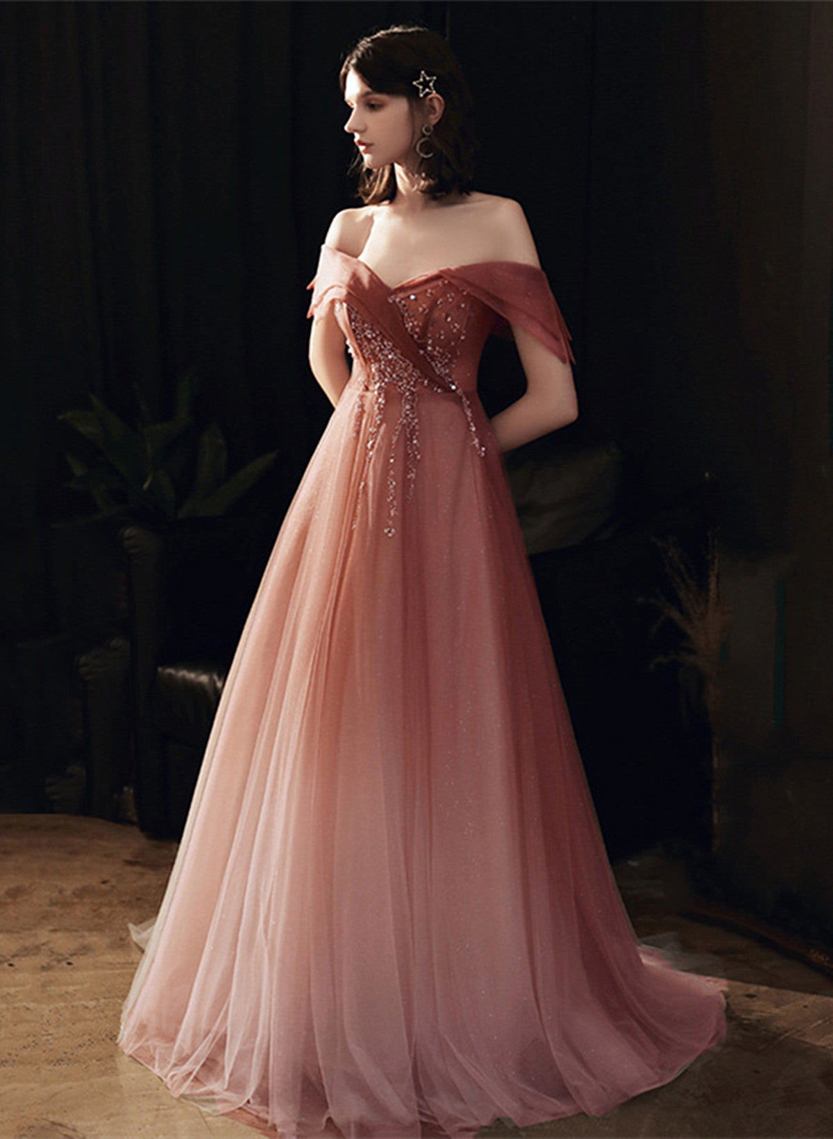 A-line Pink Gradient Tulle Long Beaded Formal Dress, Pink Tulle Prom Dress