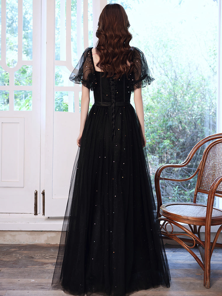 Black Off Shoulder Tulle Long Party Dress, Black A-line Long Prom Dress
