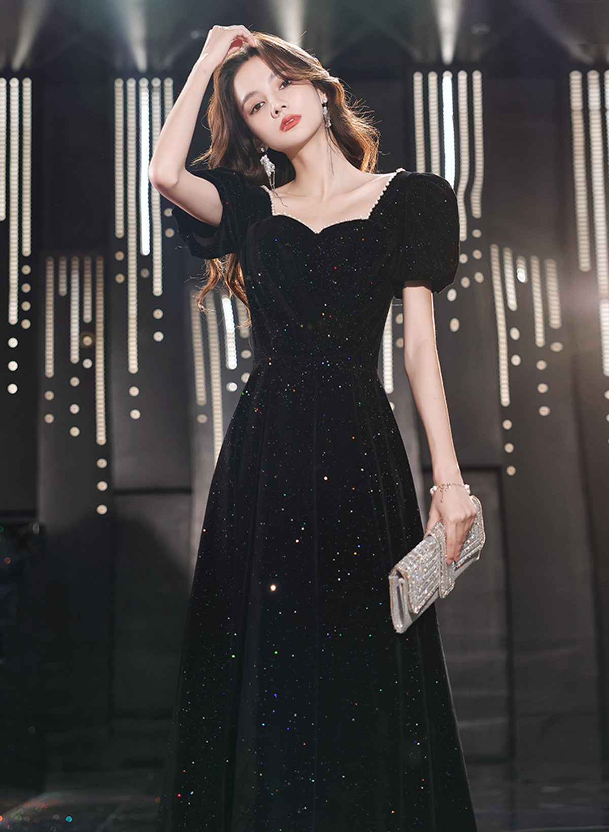 Black Short Sleeves A-line Velvet Long Prom Dress, Black Evening Dress Party Dress
