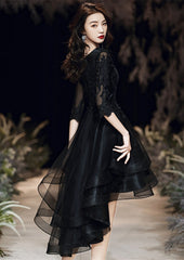 Black Tulle with Lace High Low Party Dress, Black V-neckline Homecoming Dress