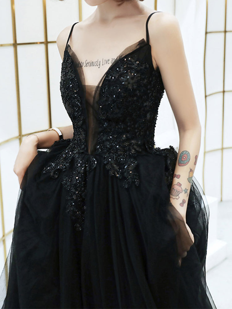 Black V-neckline Tulle with Lace Applique Long Prom Dress, Black Evening Dress