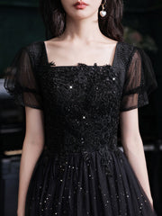 Black Short Sleeves Gradient Tulle with Lace Party Dress, Black A-line Prom Dress