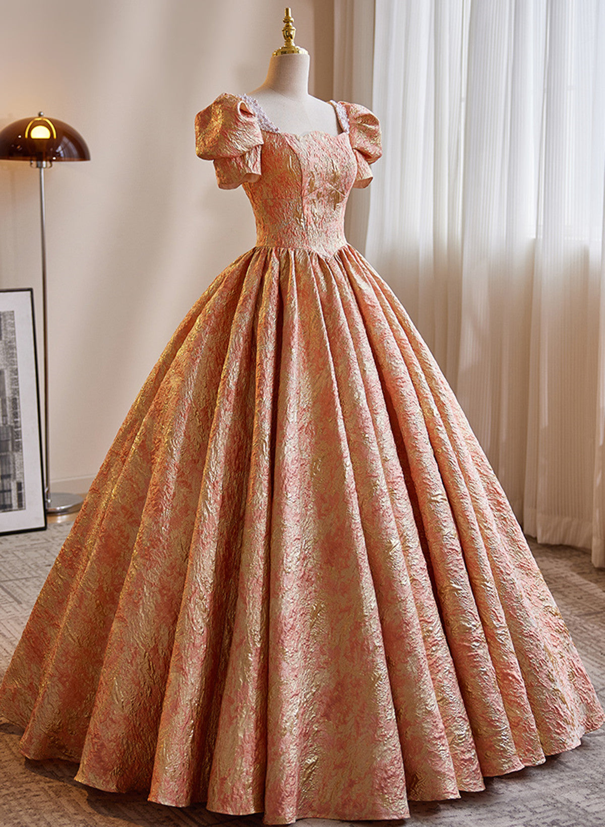 Beautiful Ball Gown Short Sleeves Long Party Dress, Long Sweet 16 Dress