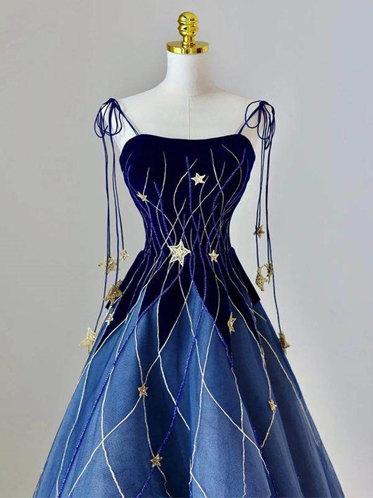Blue A-line Velvet and Tulle Long Party Dress withEmbroidered Gold Star, Blue Long Formal Dress