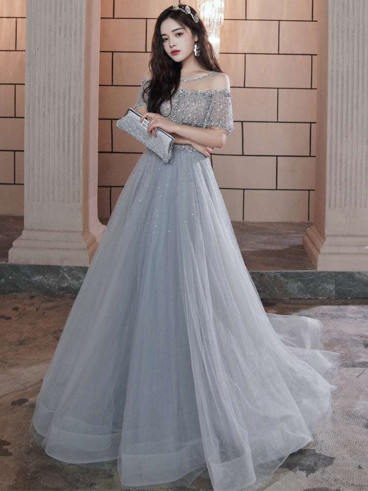 Beautiful Beaded Off Shoulder Tulle Prom Dress, A-line Grey Evening Dress Party Dress