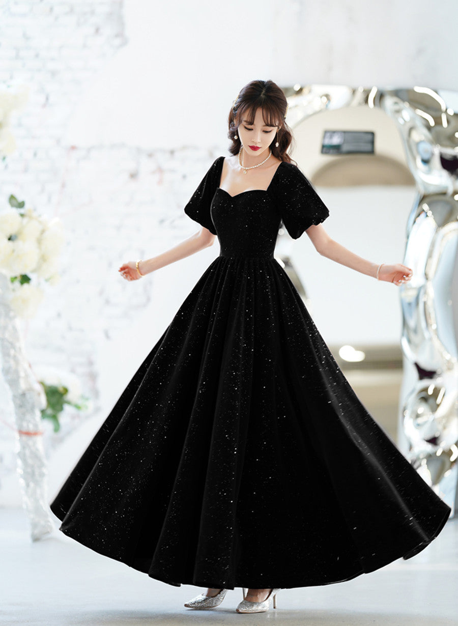Black Velvet Short Sleeves A-line Lace-up Party Dress, Black Long Wedding Party Dress