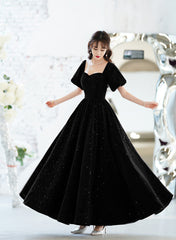 Black Velvet Short Sleeves A-line Lace-up Party Dress, Black Long Wedding Party Dress