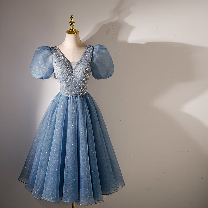 Blue Beaded Tulle Short Sleeves Formal Dresses, Blue Homecoming Dress Prom Dress