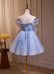 A-line Blue Short Off Shoulder Knee Length Homecoming Dress, Blue Short Prom Dress