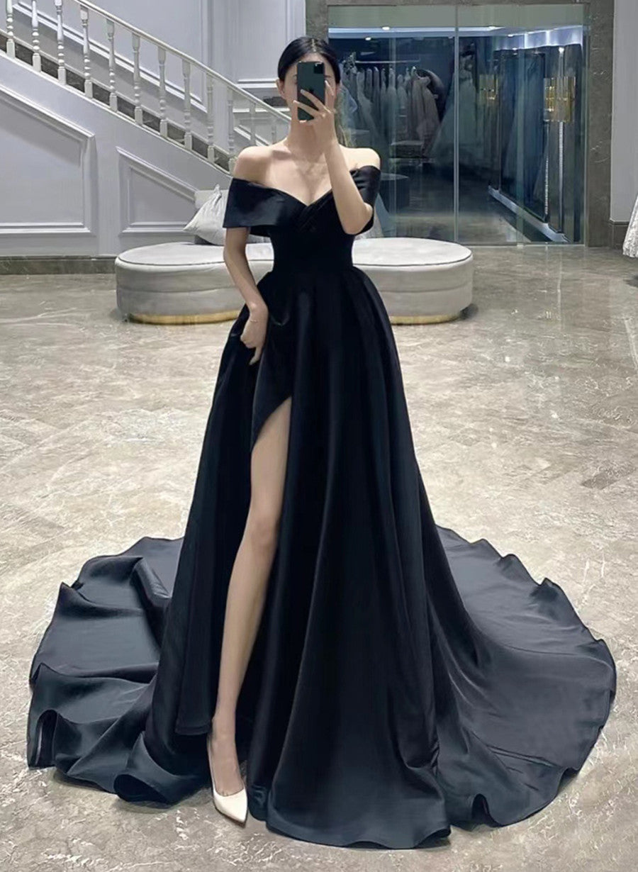Black Off Shoulder Satin A-line Long Forml Dress, Black Wedding Party Dress