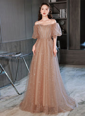 A-line Champagne Tulle Off Shoulder Long Party Dress, Champagne Formal Dress Prom Dress