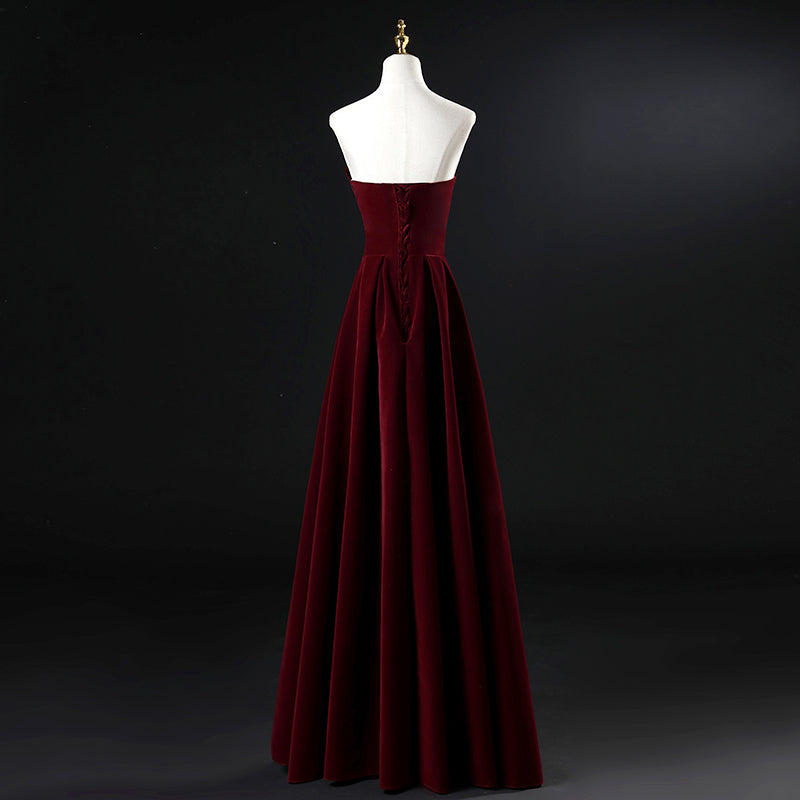 Beautiful Wine Red Velvet Floor Length Long Prom Dress, Dark Red Party Dress