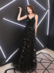 Black Straps V-neckline Long Party Dress, A-line Black Tulle Prom Dress