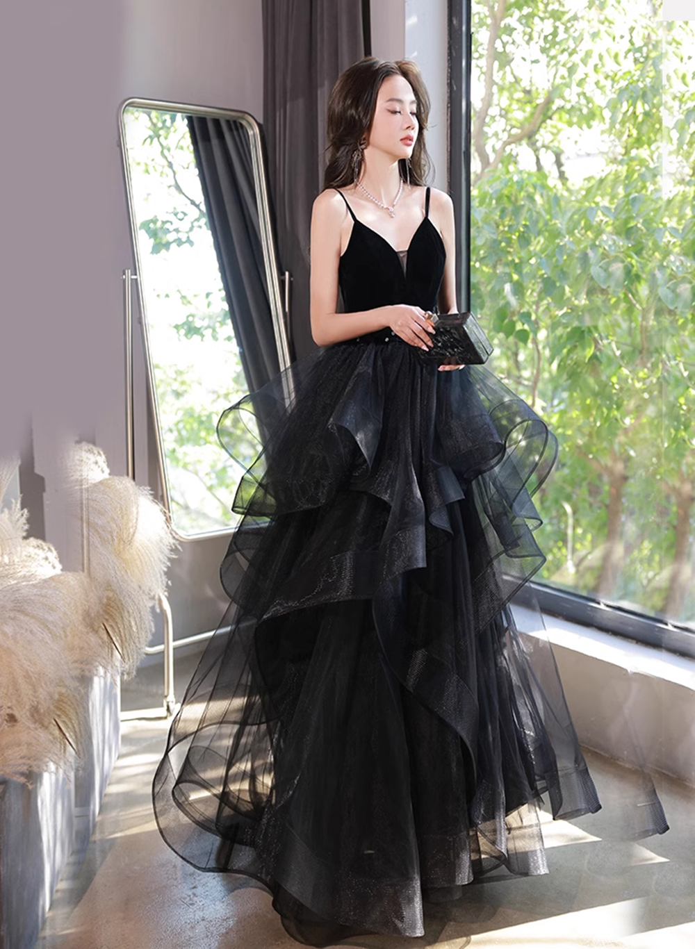 Black Tulle Straps V-neckline Beaded Long Formal Dress, Black A-line Prom Dress