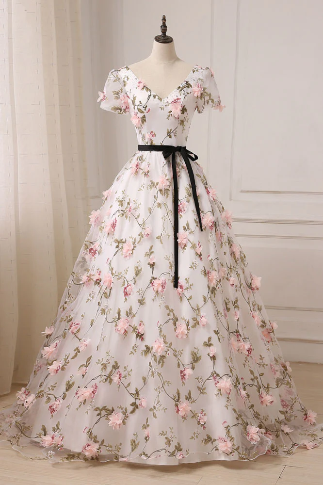 Beautiful Ivory Lace Long Wedding Party Dress, Short Sleeves Formal Dress