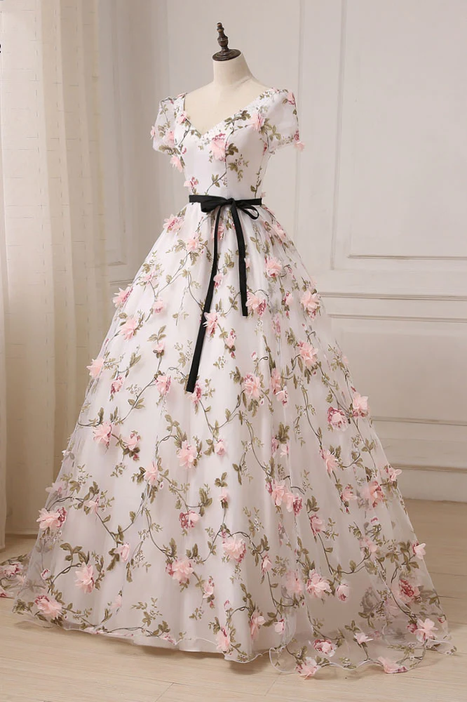 Beautiful Ivory Lace Long Wedding Party Dress, Short Sleeves Formal Dress