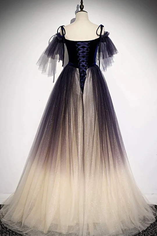 Beautiful Velvet and Gradient Tulle Long Party Dress, Straps Long Evening Gown