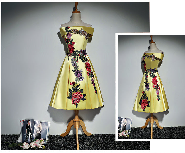 Beautiful Satin Short Flower Off Shoulder Bridesmaid Dress, Cute Homecoming Dress