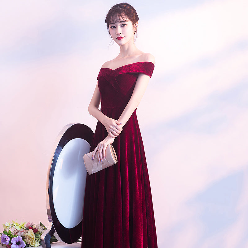 Beautiful Red Velvet Prom Dress , Long Off Shoulder Bridesmaid Dress