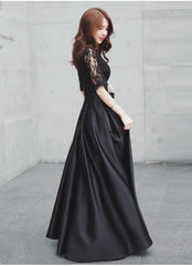 Black Satin with Lace Short Sleeves Long A-line Wedding Party Dress, Black Formal Dress