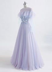 Beautiful Lavender Off Shoulder Flower Lace Long Party Dress, A-line Purple Prom Dress Formal Dress