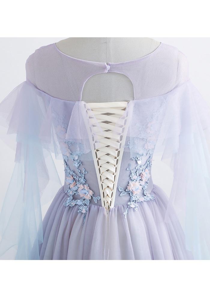 Beautiful Lavender Off Shoulder Flower Lace Long Party Dress, A-line Purple Prom Dress Formal Dress