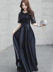 Black Satin with Lace Short Sleeves Long A-line Wedding Party Dress, Black Formal Dress