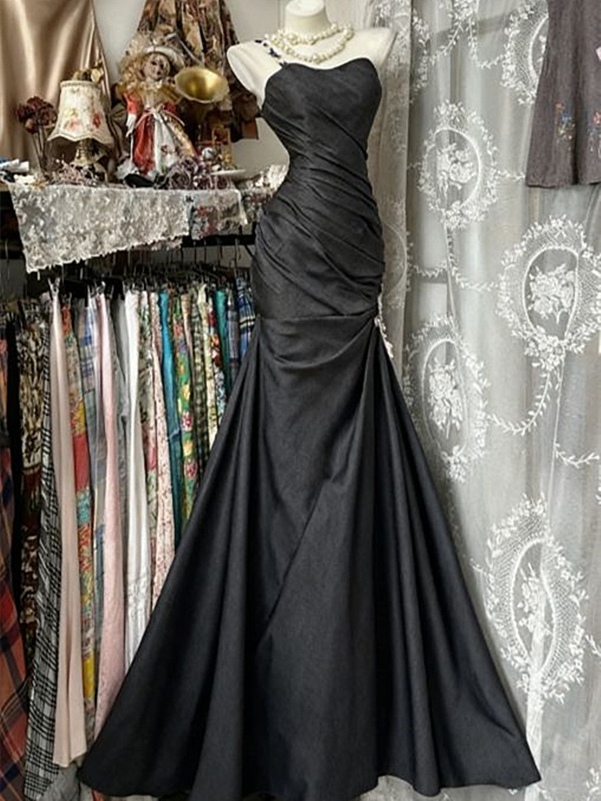 Black Satin Mermmaid One Shoulder Long Evening Dress, Black Satin Formal Dress